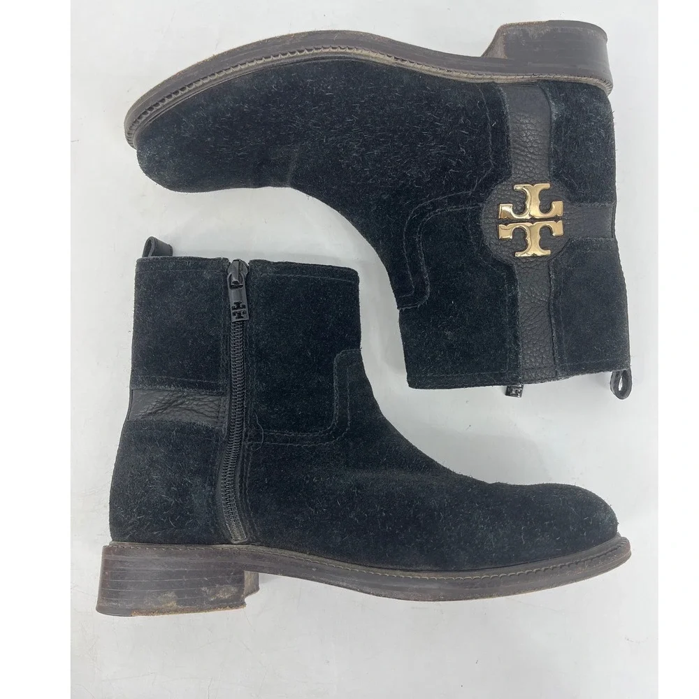 Tory Burch Alaina Ankle Boots Womens 7M Black Suede Gold Logo Side Zip Low Heel